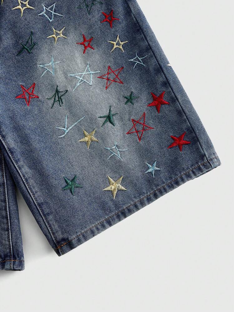 ROMWE MEN Street Life Pantalones cortos de mezclilla con bordado de estrella para hombres - Multicolor - Añade 4