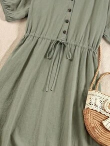 Rusticease Drawstring Sage Green Fall Elegant Birthday Vacation Dress Summer Outfits Cotton100 Women's Casual Long Holiday Everyday Travel - Green - View 4