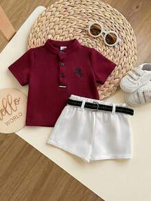 Newborn Baby Boy Cute Collegiate Style Knit Red Short Sleeve Top And Elastic Waist Shorts Set - Burgundy - View 4