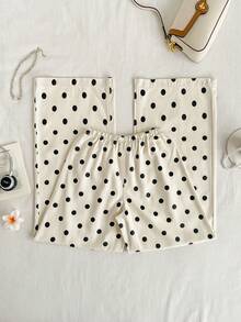 SHEIN Drawstring Waist Polka Dot Wide Leg Jeans - Multicolor - View 5