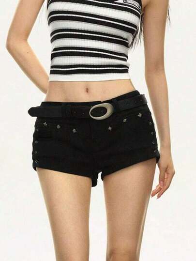 SHEIN CURVE+ Plus Size Cowgirl Outfit Black Elastic Sexy Shorts, Summer Outfits