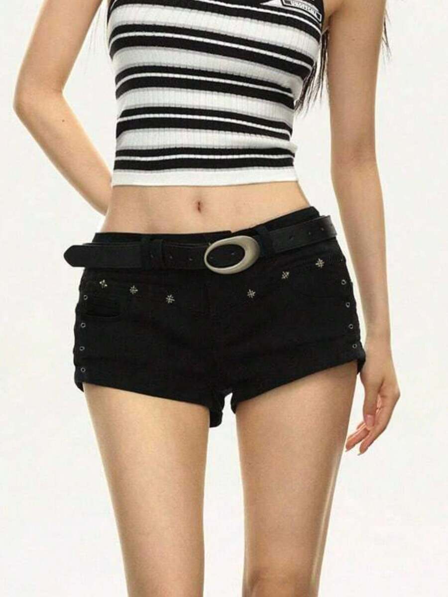 SHEIN CURVE+ 大尺碼牛仔女郎黑色彈性性感牛仔短褲,夏季 - 黑色 - 查看 1