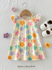 Cozy Pixies Baby Girls Pale Yellow Floral Print Knit Dress,Cute Summer Vacation Holiday Cap Sleeve Casual Elastic Dress,Bohemian Party Style,Spring Trip Outfit - Multicolor - View 7