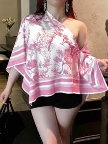 Vibekara 2026夏季新款大码女装休闲优雅印花不对称领长袖不对称下摆宽松时尚衬衫，复古日落假日印花蝙蝠袖上衣，适合日常、通勤、上学、外出、办公、约会等各种场合。 - 粉色 - 查看 5