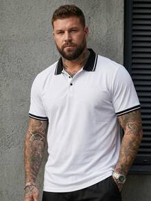 DRIVNCORE Plus Size Men's Contrast Color Block Collar Casual Half-Zip Short Sleeve Polo Shirt Men's T Collar T Shirt White And Black Shirt Men Men's Clothing Online Men Polo Shirts Men Golf Shirt Old Money,Daily Leisure, Weekend Trips, Outdoor Activities, Travel Expeditions, Relaxed Work Environments Or Semi-Formal Occasions, Boyfriend/Husband Gift, Anniversary /Birthday Gift Party Christmas New Years Wedding - White - View 3