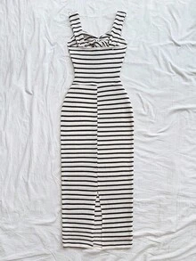 SHEIN PETITE CURVE 大码女士休闲条纹中长连衣裙，夏季套装，女士无袖条纹中长连衣裙，条纹连衣裙，夏季连衣裙，前扭结 - 黑與白 - 查看 2