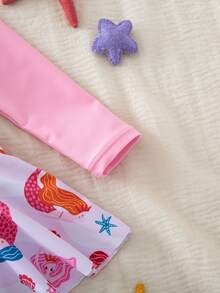 SHEIN 女童美人鱼印花撞色长袖半拉链连体泳衣，沙滩度假风 - 粉色 - 查看 6