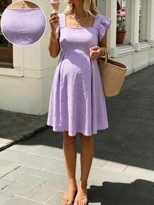 Momance Maternity Dress Light Blue Summer Birthday Holiday,Ruffle Flutter Sleeves Square Neck Back Pleated Front Panel Symmetrical Hem Jacquard A-Line - Mauve Purple - View 1