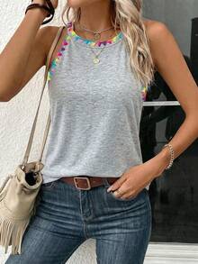 SHEIN LUNE Áo tank top nữ 95% cotton thêu ren hoa nhiều màu sắc, kiểu dáng ôm sát, cổ yếm, thích hợp cho mùa hè. - Màu Xám nhạt - Xem 6
