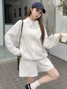 DAZY Women's Casual Loose Long Sleeve Jacket & Shorts 2 Pieces Set, Streetwear Style - White - View 9