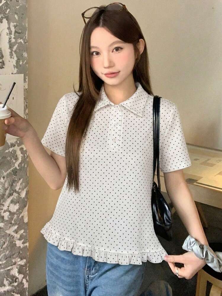 Women's Fresh Korean Style Polka Dot Print Ruffle Hem Short Sleeve Blouse