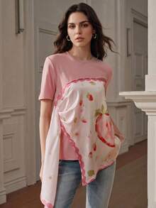 Anewsta Asymmetrical Tie Strawberry Print T-Shirt, Summer - Pink - View 3