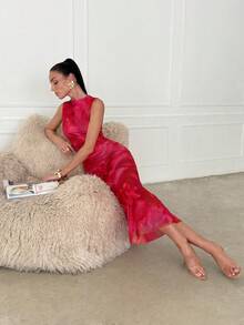 Lavishia 热带印花无袖褶皱浪漫优雅修身连衣裙 - 紅色 - 查看 7