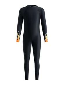 SHEIN Teen Boys Casual Flame-Patterned Long-Sleeved Swimsuit With Sun Protection, Suitable For Spring And Summer Surfing And Beach Vacations. - Black - View 1