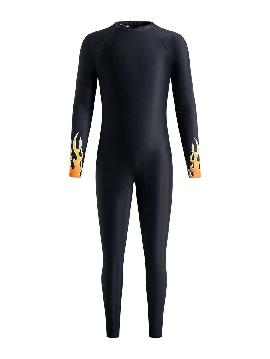 SHEIN Teen Boys Casual Flame-Patterned Long-Sleeved Swimsuit With Sun Protection, Suitable For Spring And Summer Surfing And Beach Vacations. - Black - View 1