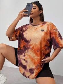 SHEIN EZwear 大码女式扎染印花圆领短袖休闲T恤 - 黑與白 - 查看 7