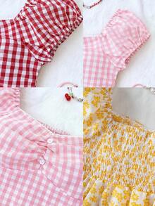 SHEIN Áo kiểu tay phồng họa tiết hoa nhí màu vàng cho bé gái tuổi teen, chất liệu vải nhẹ, họa tiết hoa đồng quê, kiểu dáng ngắn ngang eo, ngọt ngào, thoải mái cho trẻ em, thiết kế hoa độc đáo cho mùa hè. - Màu vàng - Xem 3