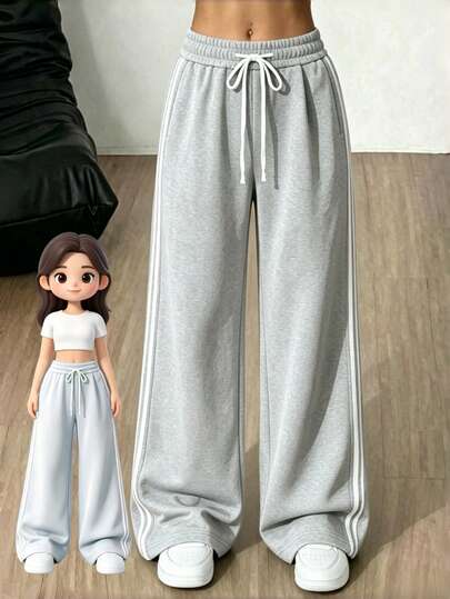 Pantalones de chándal holgados con rayas laterales, cintura con cordón, para uso casual diario y deportivo