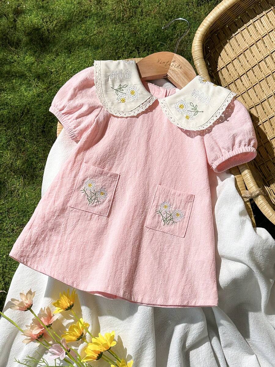 Vintaside Kids 新生女宝宝花卉刺绣连衣裙,乡村风格时尚优雅百搭可爱春夏柔软面料 - 粉色 - 查看 1