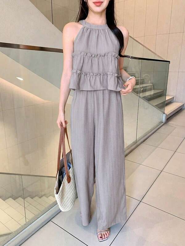 DAZY 2pcs/Set Women Solid Color Sleeveless Top And Wide Leg Pants Summer