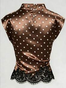 GlowEve Women's Brown And White Polka Dot, Summer, 70s, Party Stand Collar Asymmetric Ruffle Lace Splice Elegant Casual Commute Daily Wear Blouse Women's Top - Brown - View 2
