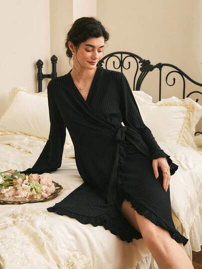 Côtesoire Comfortable Ribbed Knit Wrap-Style Ruffled Hem Women Sleepwear