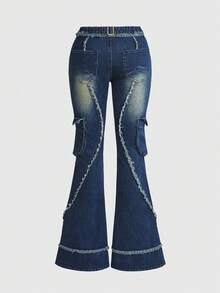 ROMWE Women's Pocketed Button Fly Casual Y2k Flare Jeans, Versatile For Daily Wear Holiday Evening Night Out Navy Blue Summer - Blue - View 2