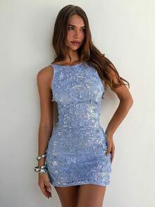 Aloruh New Elegant Sexy Backless Mini Dress, Suitable For Beach, Resort, Party, Green Solid Color Beaded Embroidery Backless Sleeveless Mini Dress - Blue - View 6