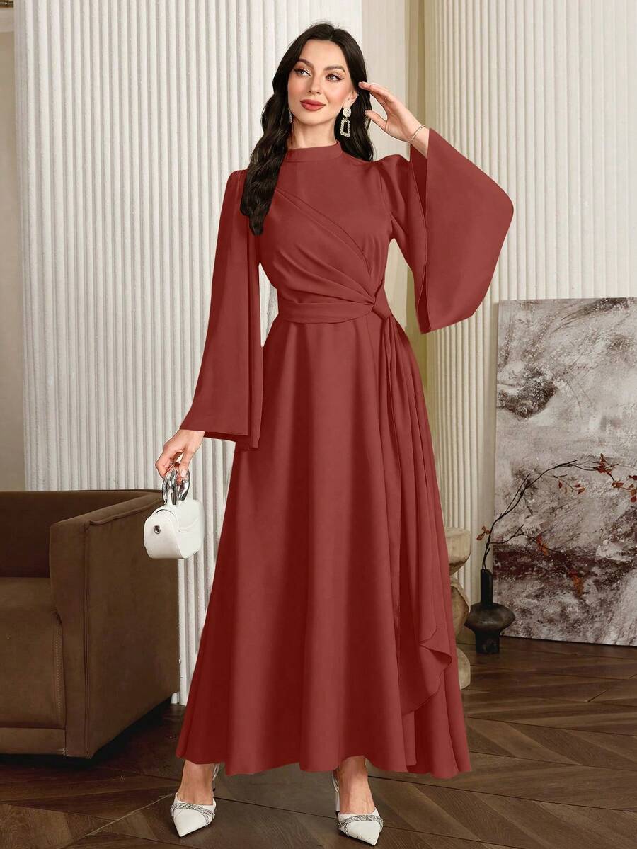Modelyn 女士优雅纯色喇叭袖阿拉伯连衣裙,秋季长款晚礼服 - 紅色 - 查看 1