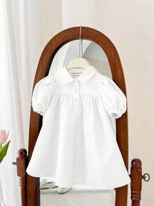 SHEIN LMoss Kids 女婴可爱短袖翻领连衣裙，夏季 - 白色 - 查看 4
