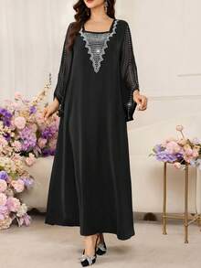 Al Najma 女款黑色春夏寬鬆顯瘦方領綴珠蝙蝠袖洋裝，優雅派對度假休閒穿搭 - 黑色 - 查看 8
