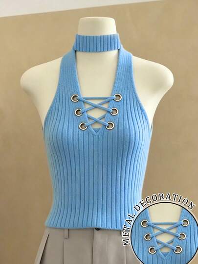 Lalippa Áo camisole cổ buộc dây khoét lỗ màu trơn dành cho nữ