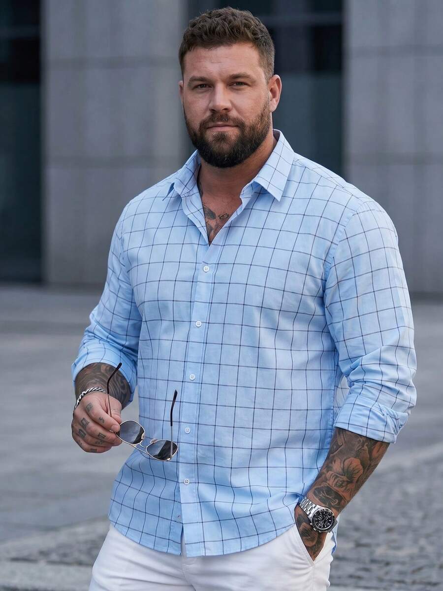 DRIVNCORE Men Plus Size Plaid Long Sleeve Single-Breasted Casual Commuter Shirt, Fall - Blue - View 1