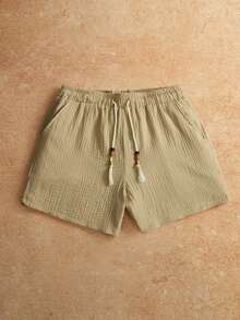 VENTUSAIL Pantalones cortos casuales de vacaciones para hombre, de unicolor, de algodón y lino con cordón, para días festivos - Caqui - Ver 6