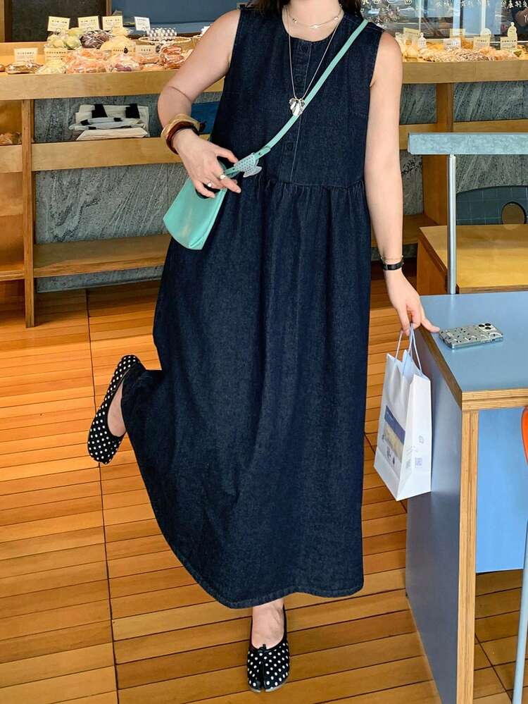Dazy Plus Plus Size Women's Denim Sleeveless Shirt Dress, Washed Dark Blue, Casual Commuter Style, Spring/Summer