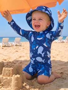 SHEIN Infant/Baby BoyWhale Print Long Sleeve Rash Guard Swimsuit With Sun Protection Wide Brim Hat - Blue - View 6