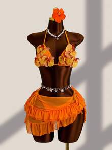 Zestiva Women's Tropical Mesh Ruffled Mini Skirt Bikini Swimwear Set, Suitable For Beach Tropical Vacation, Holiday In Spring And Summer Orange - Multicolor - View 1