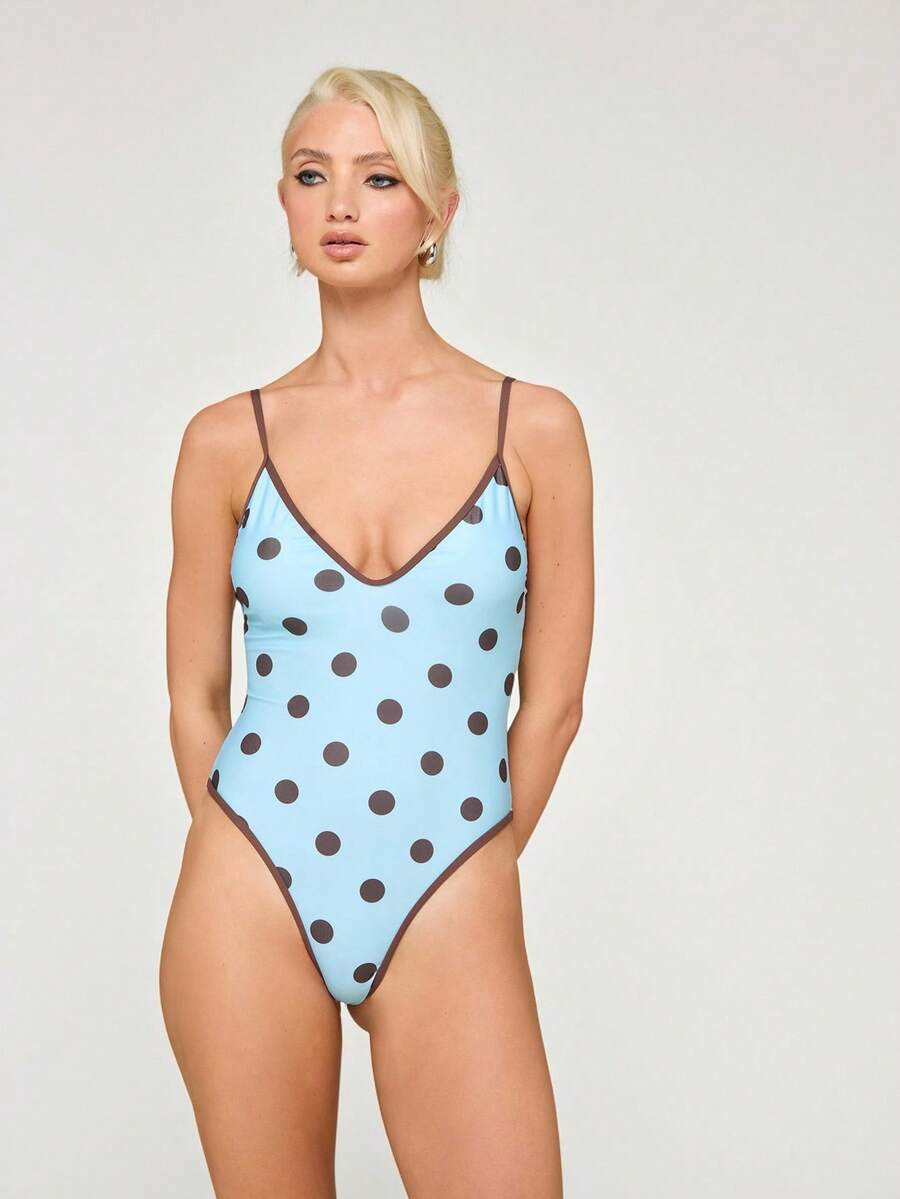 COUREZ V Neck Polka Dot Swimsuit , Y2K Autumn Outfits For Women Fall Vacation Beach Swimsuits - Multicolor - View 1