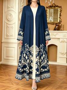 SHEIN Najma Vintage Blumen- & Fächer-Geometrie-Muster eleganter Abaya-Mantel, Frühling Herbst Langarm Strickjacke Oberbekleidung, Blumen-Marineblau-Mantel, arabischer Stil Bekleidung - Verschiedenfarbig - Übersicht 3