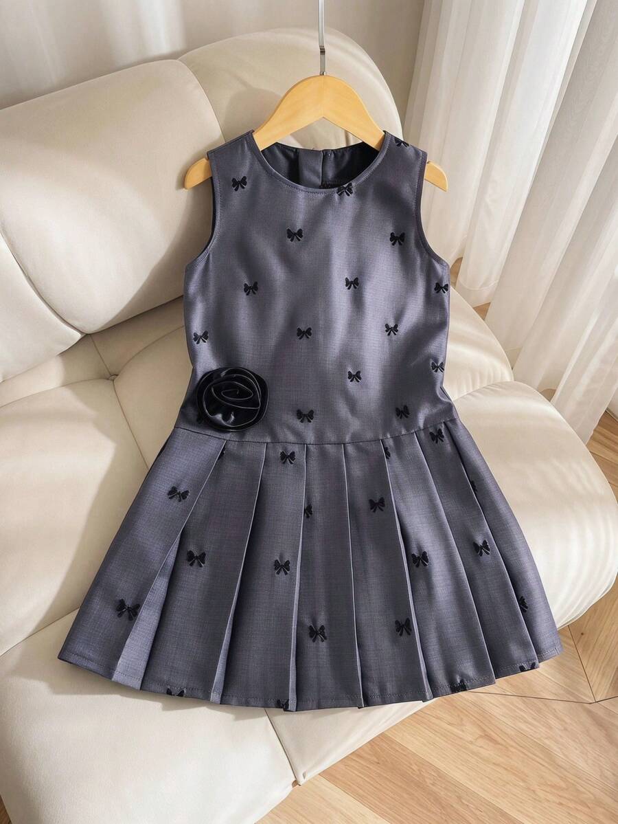 Elladie kids Young Girls' Embroidered Bow Elegant Floral Applique Sleeveless Dress