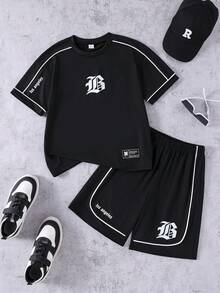 2pcs Boys' Minimalist Fashionable Snowflake Print Crew Neck Knit T-Shirt And Shorts Set, Comfortable Fabric, Stylish Fit, Spring/Summer New Arrival, Suitable For Multiple Seasons And Occasions - Black - View 3
