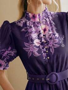 Anewsta Spring Summer Dark Purple Premium Floral Print Short Sleeve Waist-Cinching Tie-Up Long Dress For Women Wedding Party Date Romantic Casual - Bold Plum - View 2