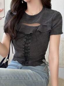 DAZY 女款純色荷葉邊前綁帶短袖休閒街頭風 Y2K 性感 T-shirt 夏季夜店穿搭 深灰色 - 灰色 - 查看 3