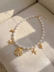 Resyla 1pc Bohemian Style Sea Themed Starfish And Seashells Pendant Necklace, Suitable For Women Beach Holiday Wear - Gold - View 5