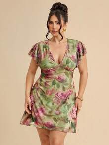 SHEIN BAE CURVE 大码女式绿色优雅荷叶边A字连衣裙，修身迷你连衣裙 - 綠色 - 查看 7
