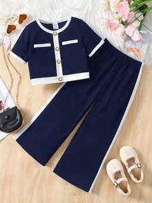 LMoss Kids Baby Girl Contrast Color Short Sleeve Button Design T-Shirt And Pants Set, Fashionable Casual - Navy Blue - View 7