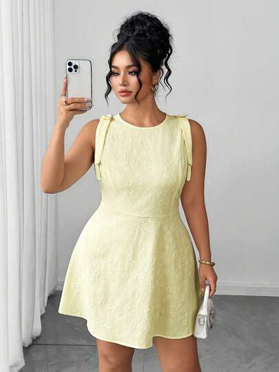 Elenzga Plus Size Women's Elegant Vacation Style Solid Color Jacquard Bowknot Sleeveless Waist Cinched Dress