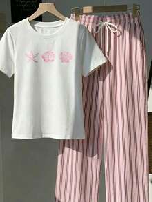 Comfortcana 两件套女士休闲裤装——粉色条纹长裤搭配海洋贝壳印花T恤，夏季度假穿搭，甜美可爱风，Y2K复古风，适合西部音乐节和海滩穿着。 - 彩色 - 查看 8