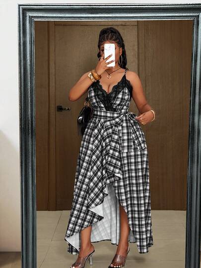 Maweii Plus Size Plaid Patchwork Lace V-Neck Spaghetti Strap Sexy Dress