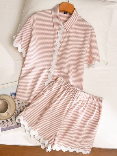 CosyJoli Women's Casual 2-Piece Set, Loose Striped Shirt & Shorts, Ruffled Hem, Short Sleeve, Spring/Summer